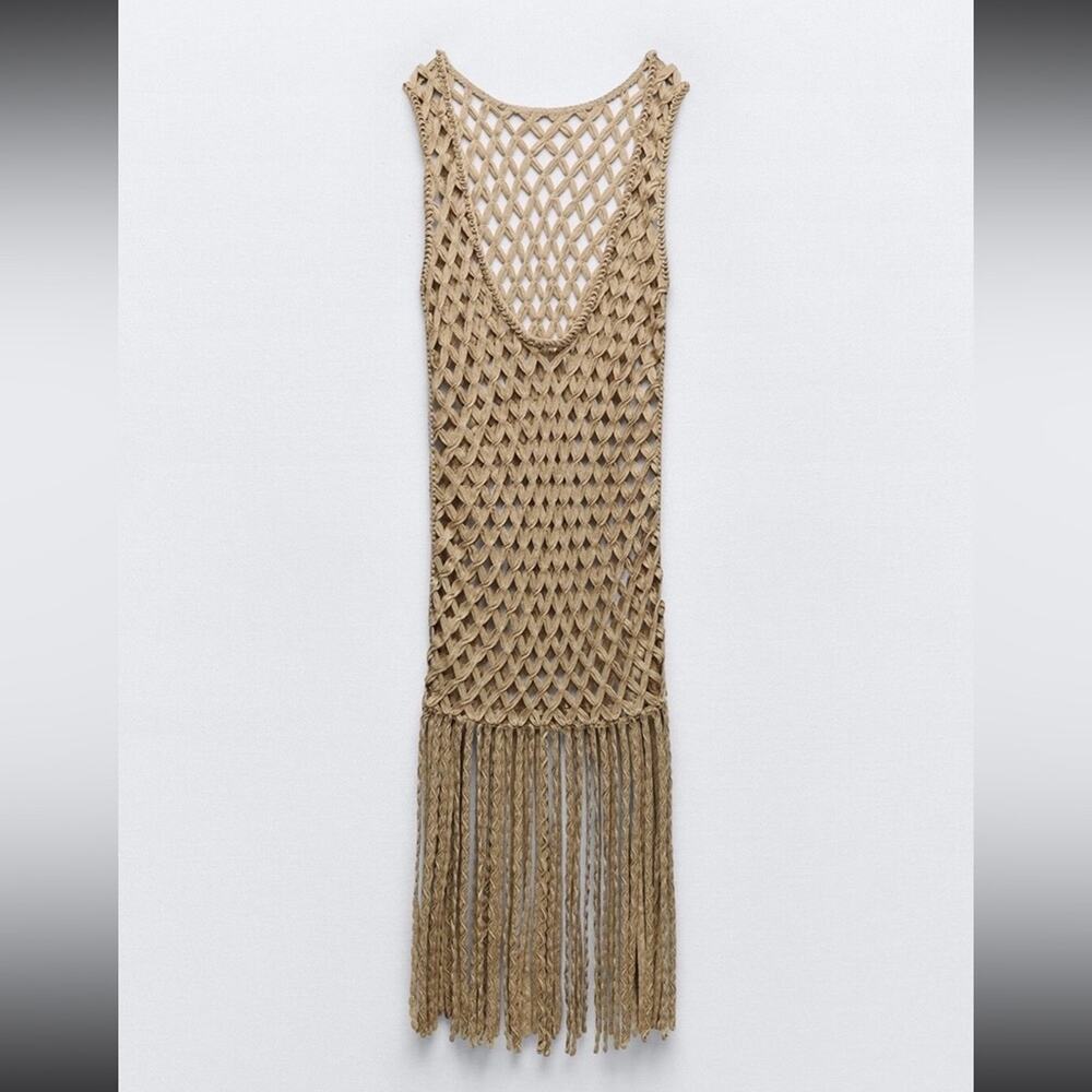ZARA WOMEN MESH DRESS WITH FRING BEACH COVERUP Tan Crochet Small - Picture 7 of 13